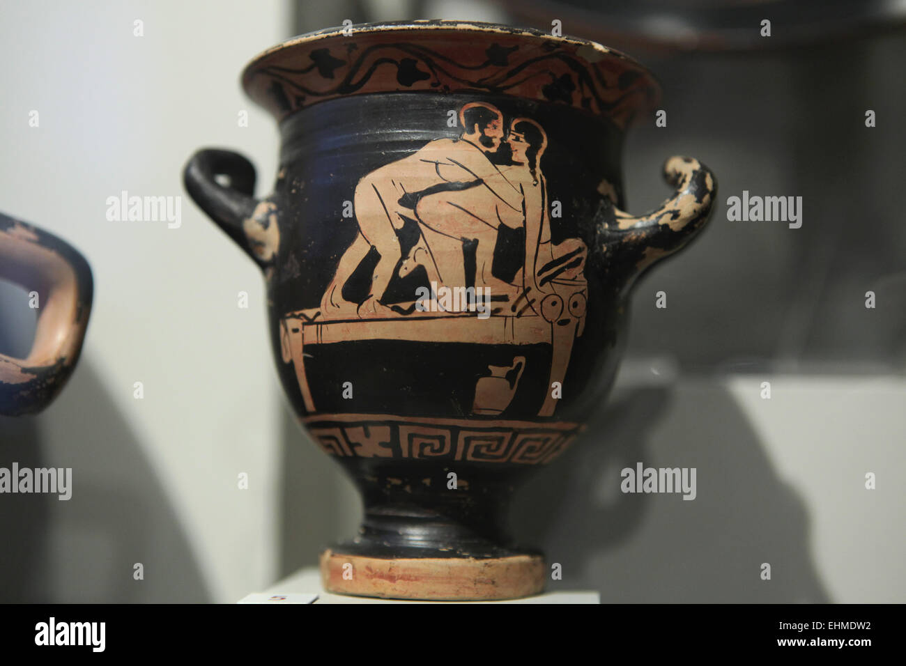 Erotic scene. Attic red-figure vase from late 6th - late 5th century BC. Altes Museum, Berlin, Germany. Stock Photo