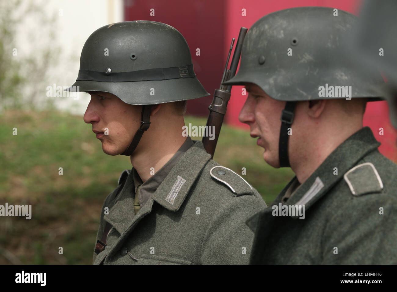 Re-enactors dressed as German Nazi soldiers prepare to stage the Battle at Orechov (1945) near Brno, Czech Republic. The Battle at Orechov in April 1945 was the biggest tank battle in the last days of the World War II in South Moravia, Czechoslovakia. Stock Photo