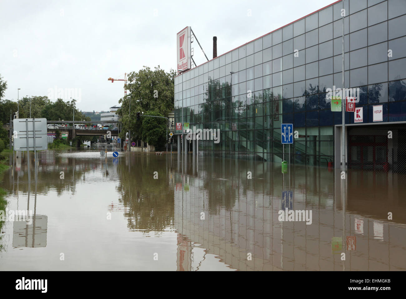 Supermarket Kaufland flooded by the swollen Vltava River in Prague, Czech Republic. Stock Photo