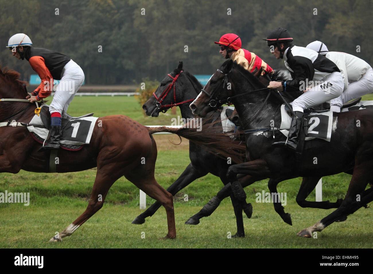 Jockeys and their horses compete during the Velka Pardubicka Steeplechase in Pardubice, Czech Republic. Velka Pardubicka Steeplechase is known as the toughest steeplechase in continental Europe. Stock Photo