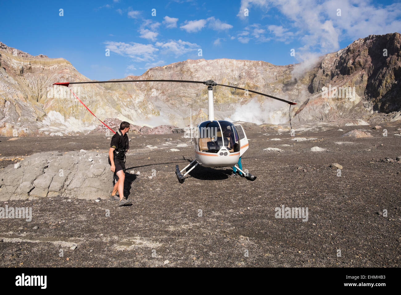 Helicopter flight to White Island volcano 50km off the coast of Whakatane in New Zealand. Stock Photo