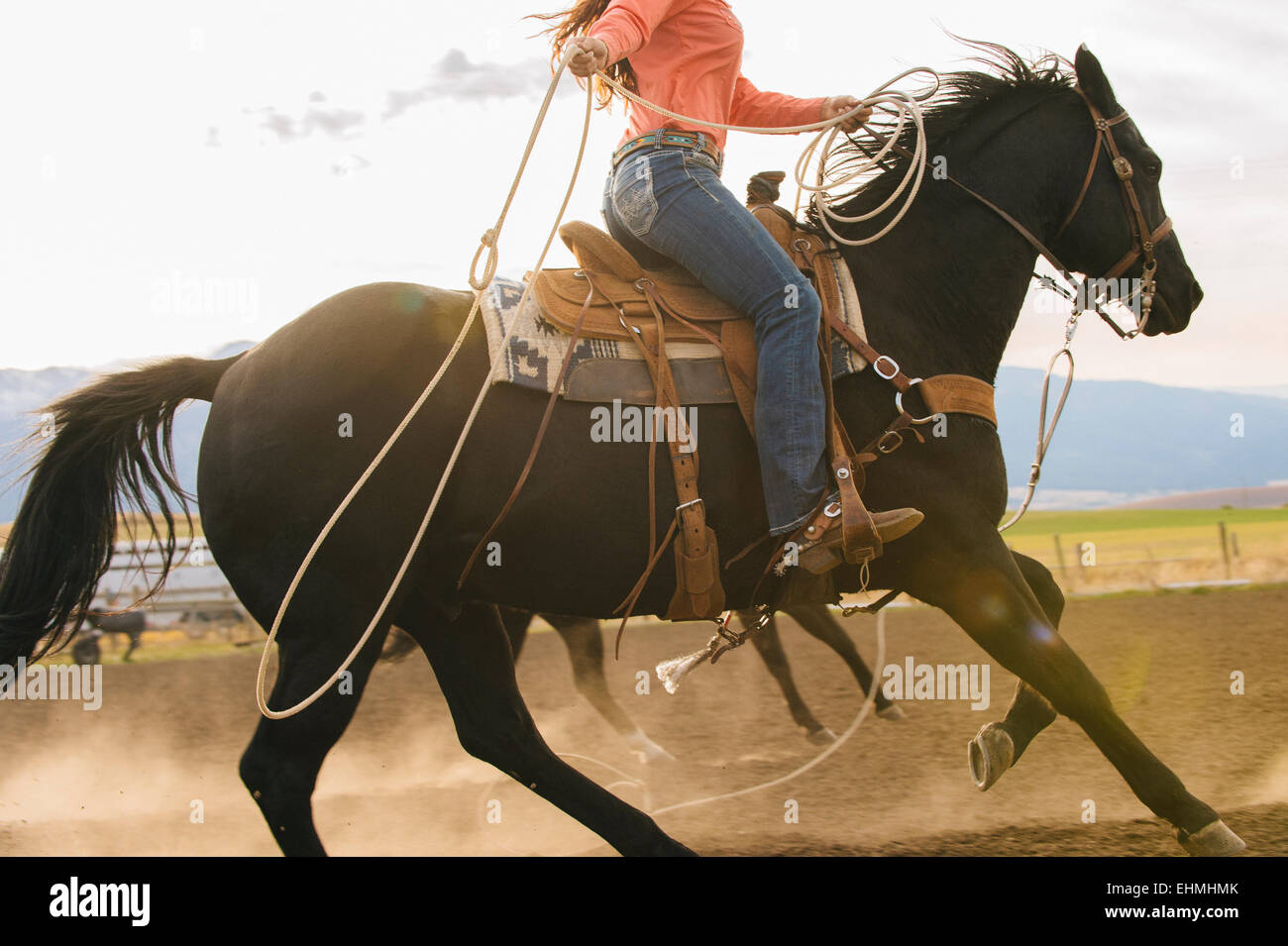 Caucasian woman on horse throwing lasso at rodeo Stock Photo