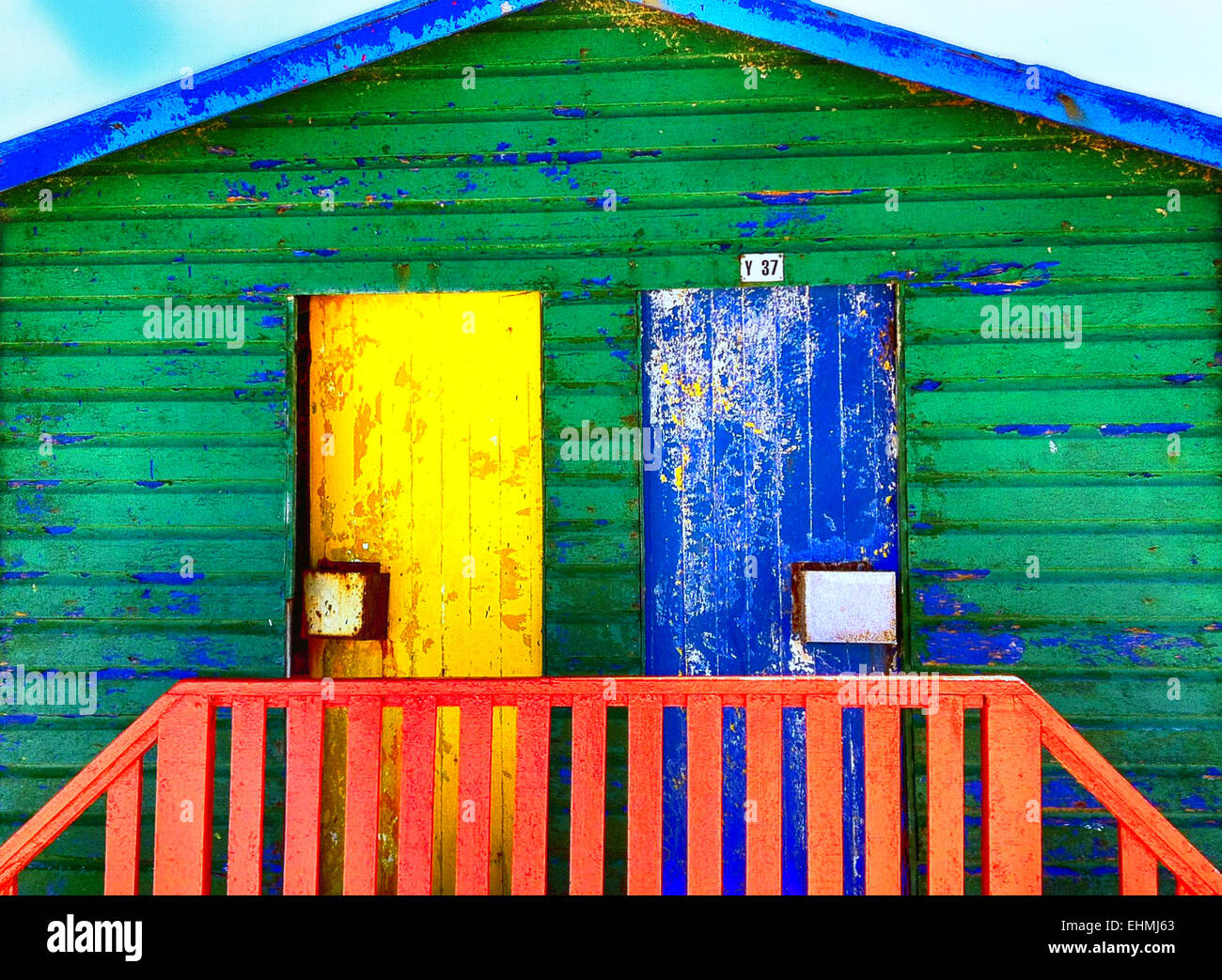 the colorful beach houses at St James, Cape Town Stock Photo