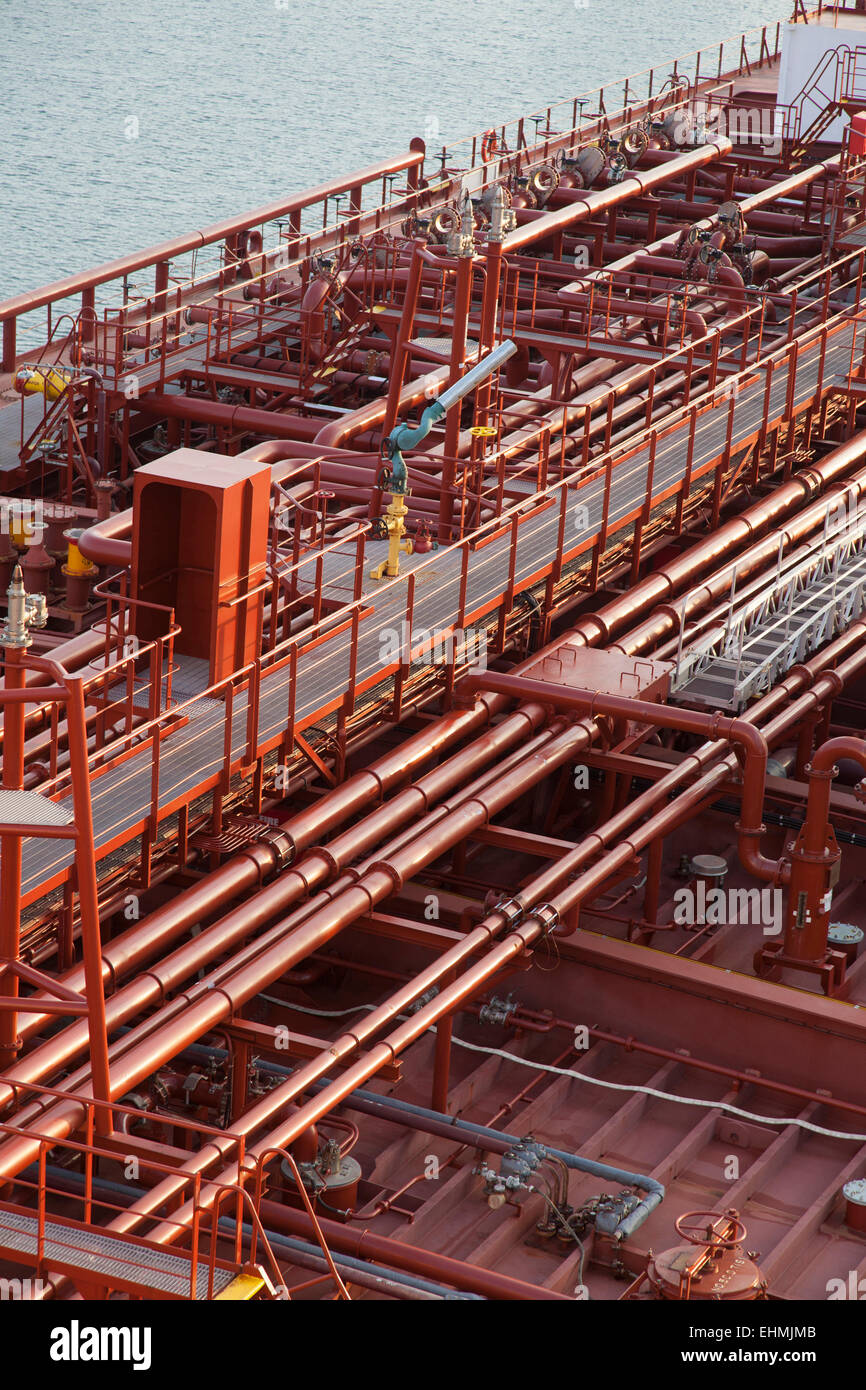 High angle view of deck piping on oil tanker ship Stock Photo