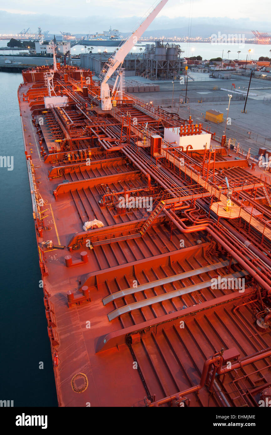 High angle view of deck piping on oil tanker ship Stock Photo