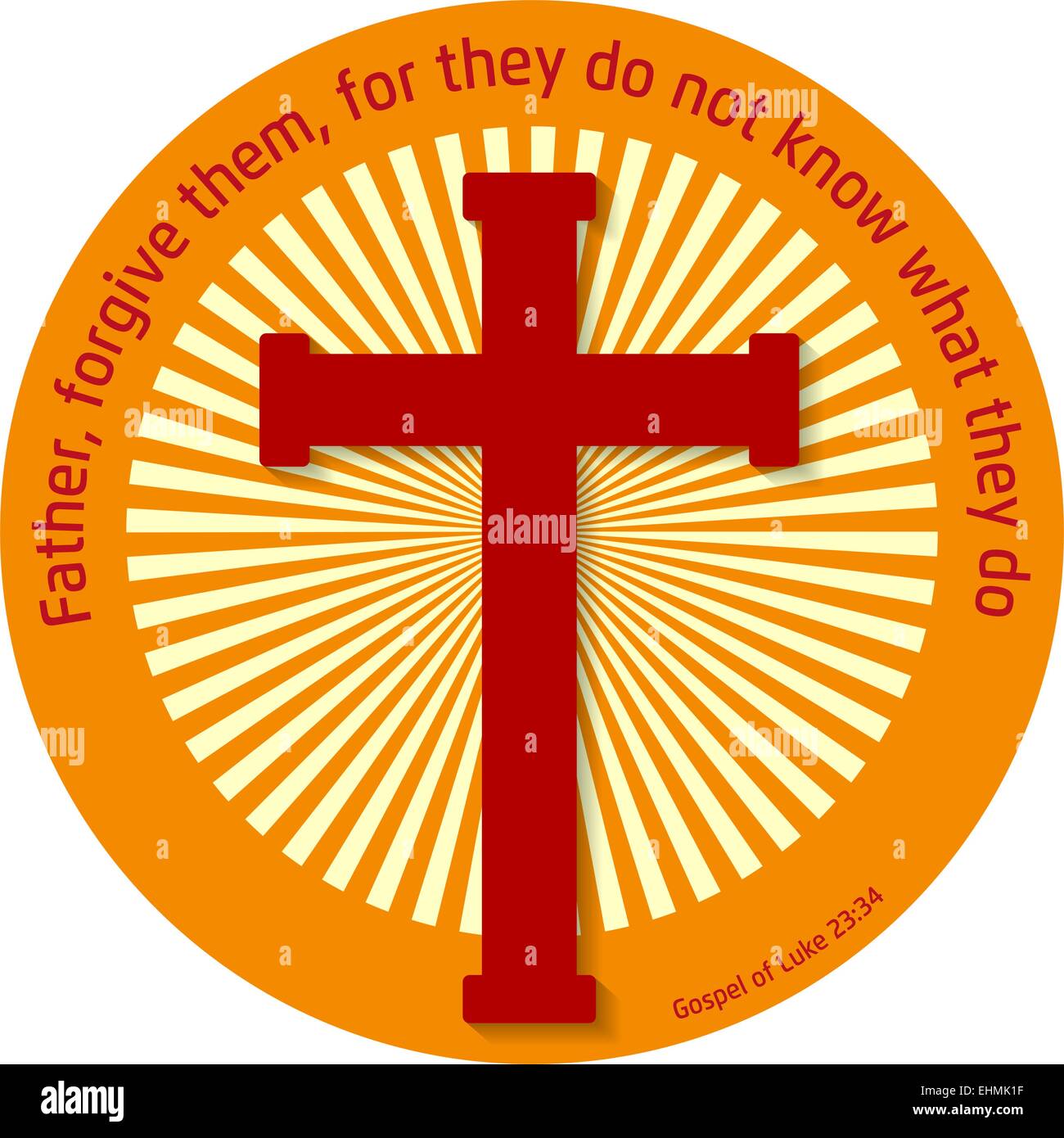 A Crucifix in a circle with a sunburst effect in the back and a Gospel quote around Stock Vector