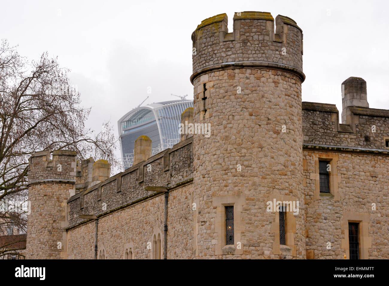 The Tower of London shares the skyline with The Handset building Stock Photo