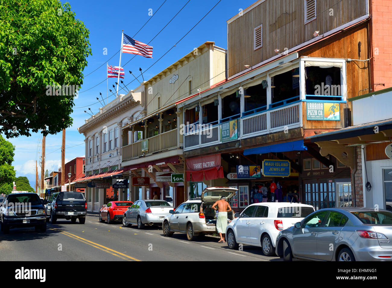 Shops and restaurants on Front Street, Lahaina, Maui, Hawaii, USA Stock Photo