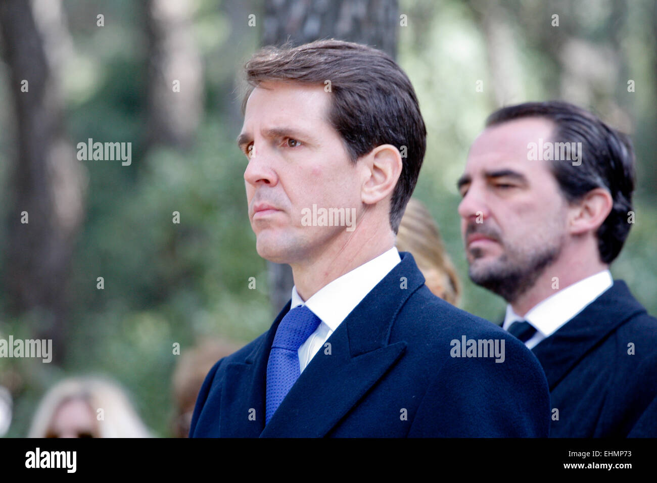 Tatoi, Greece. 16th Mar, 2015. Prince NIKOLAOS(L) and Prince PAVLOS of Greece attend the ceremony. The annual memorial service in honour of King Pavlos and Queen Frederika was held earlier today at Tatoi cemetery. The memorial service was held 5 km north of Athens's suburbs, at Tatoi Palace, the Greek Royals' former summer palace. Credit:  Aristidis Vafeiadakis/ZUMA Wire/Alamy Live News Stock Photo