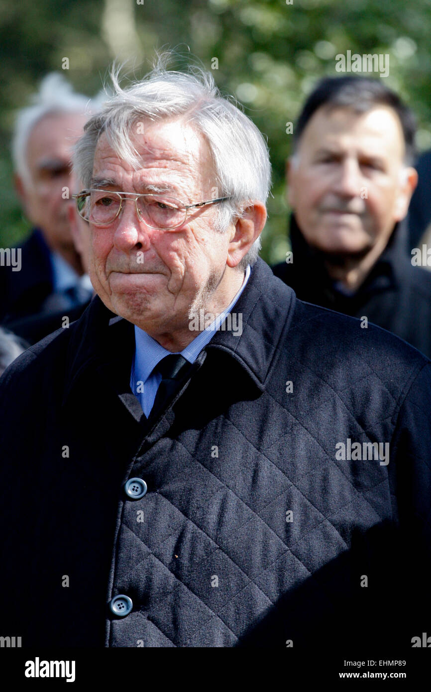 Tatoi, Greece. 16th Mar, 2015. King CONSTANTINE was moved at the ceremony. The annual memorial service in honour of King Pavlos and Queen Frederika was held earlier today at Tatoi cemetery. The memorial service was held 5 km north of Athens's suburbs, at Tatoi Palace, the Greek Royals' former summer palace. Credit:  Aristidis Vafeiadakis/ZUMA Wire/Alamy Live News Stock Photo