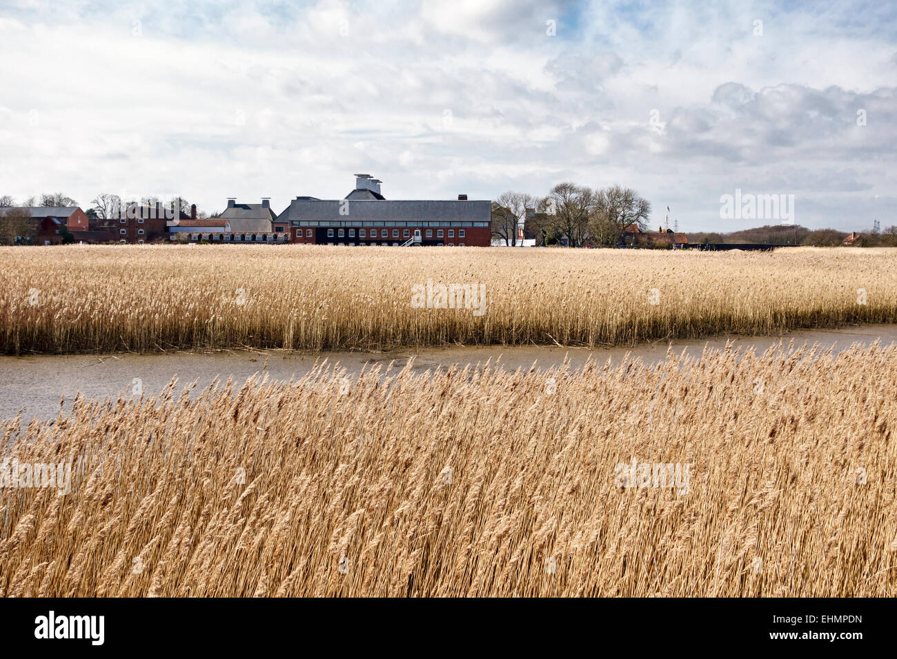 Snape Maltings, Suffolk, UK. The concert hall, seen here across the surrounding reedbeds, was built by Benjamin Britten in 1967 Stock Photo