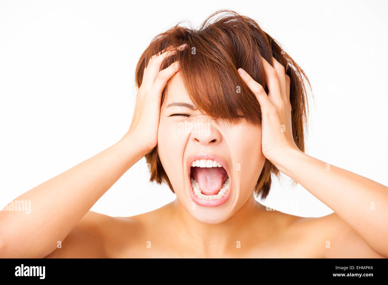 Closeup stressed young woman and yelling screaming Stock Photo