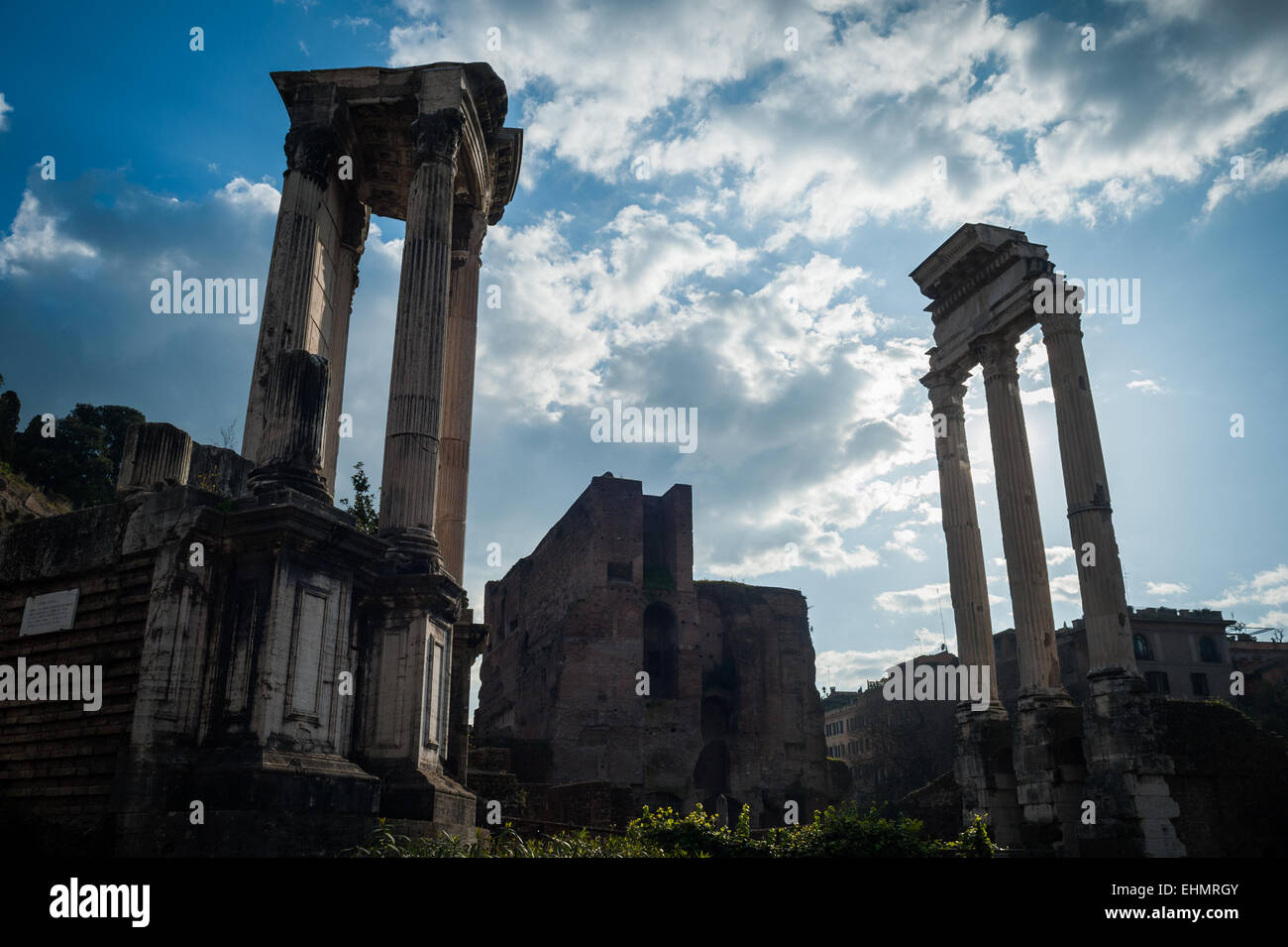 The Temple of Vesta, left, and Temple of Castor and Pollux in the Roman Forum, Rome, Lazio, Italy. Stock Photo