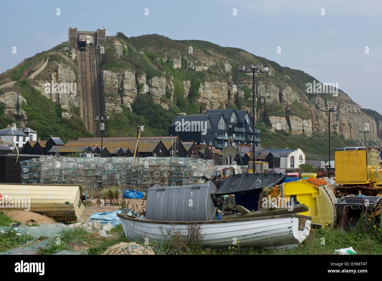 Hastings seafront with fishing equipment and funicular East Sussex. England Stock Photo