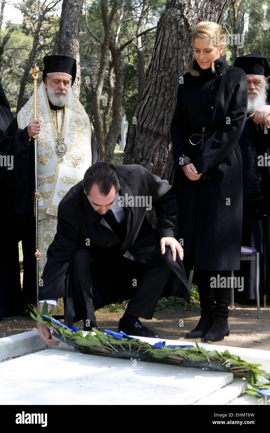 Tatoi, Greece. 16th Mar, 2015. Prince NIKOLAOS with his wife Princess TATIANA attend the ceremony. The annual memorial service in honour of King Pavlos and Queen Frederika was held earlier today at Tatoi cemetery. The memorial service was held 5 km north of Athens's suburbs, at Tatoi Palace, the Greek Royals' former summer palace. Credit:  Aristidis Vafeiadakis/ZUMA Wire/Alamy Live News Stock Photo