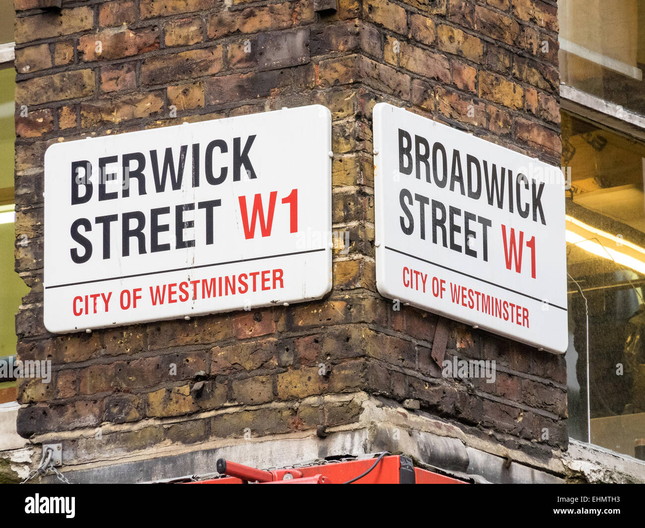 Soho Street Signs - Street sign at the corner of Berwick Street and Broadwick Street in Soho, Central London Stock Photo