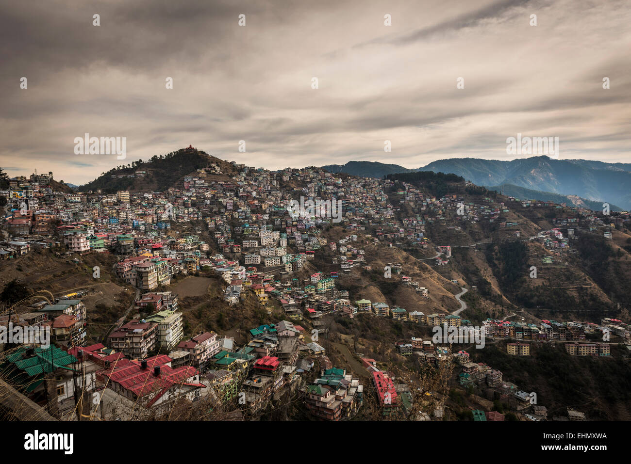 Urban sprawl in the Himalayan foothills in the Shimla district, Himachal Pradesh, India Stock Photo