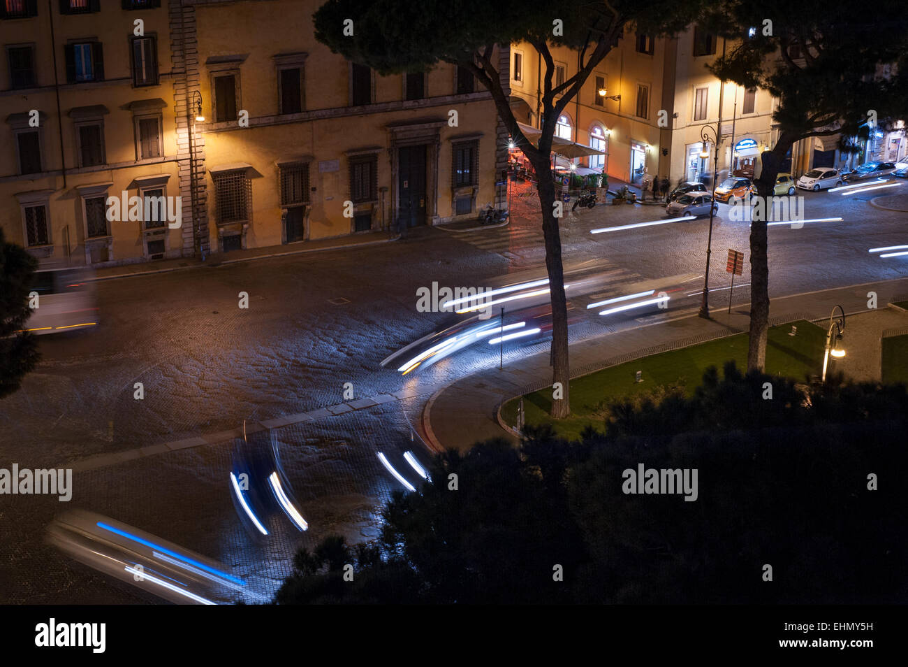Traffic at night on Via di San Venanzio, Rome, Lazio, Italy. Stock Photo