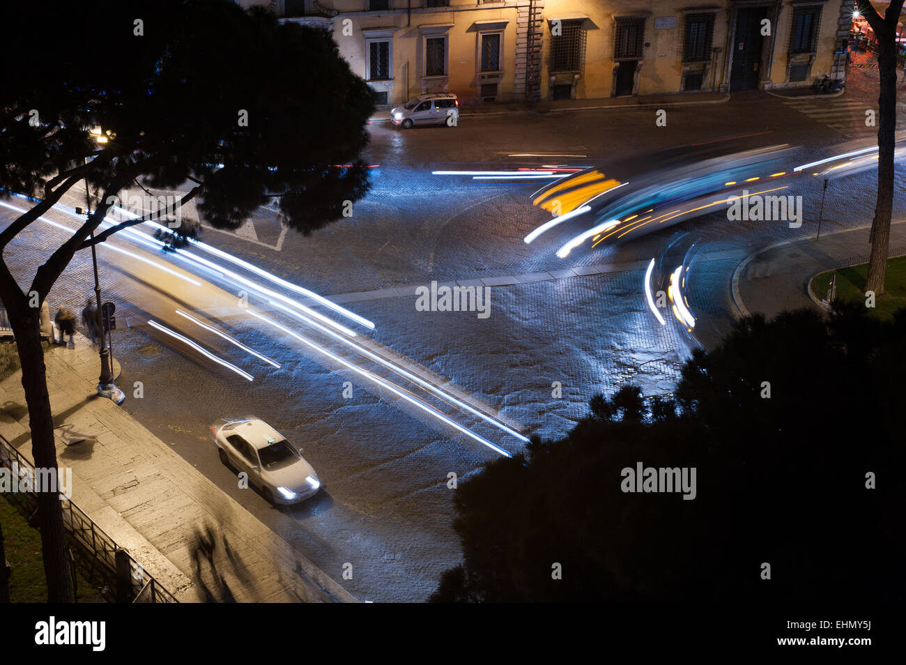 Traffic at night on Via di San Venanzio, Rome, Lazio, Italy. Stock Photo