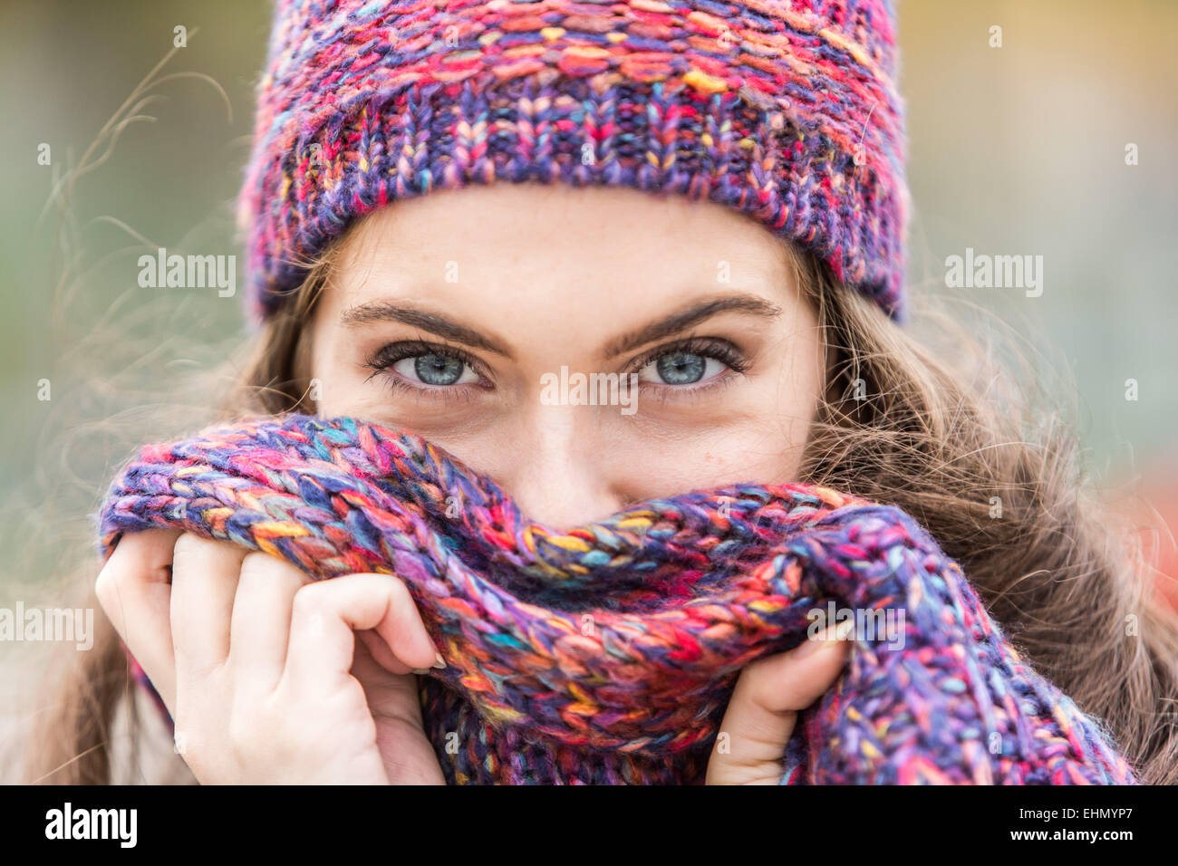 Portrait of woman in winter. Stock Photo