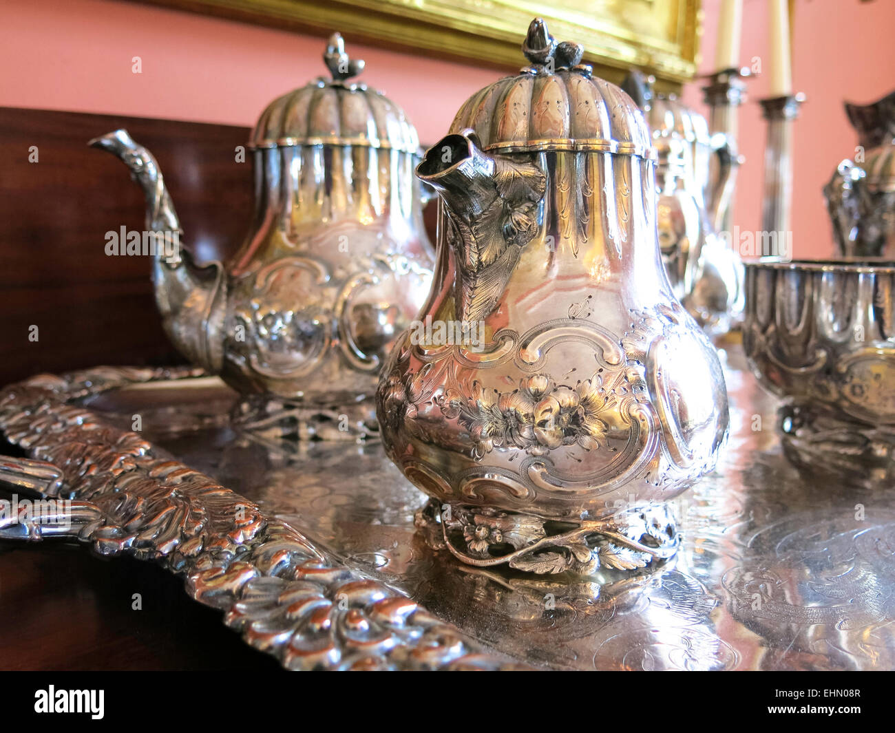 Ornate Sterling Silver Tea Service Stock Photo