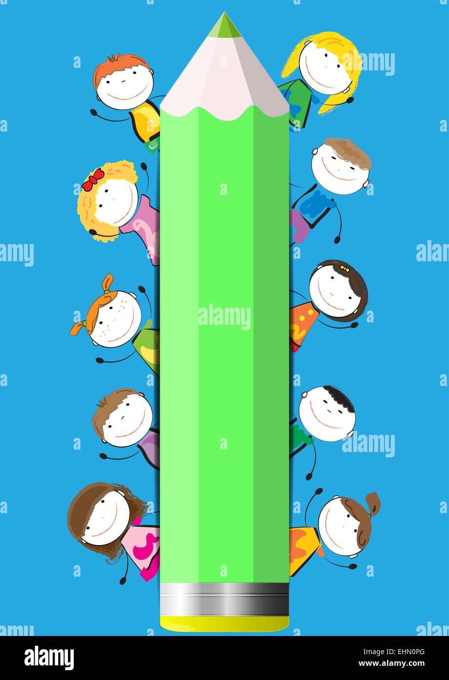 Happy Cute Cartoon Kids With Crayon As A Banner Stock Vector Art