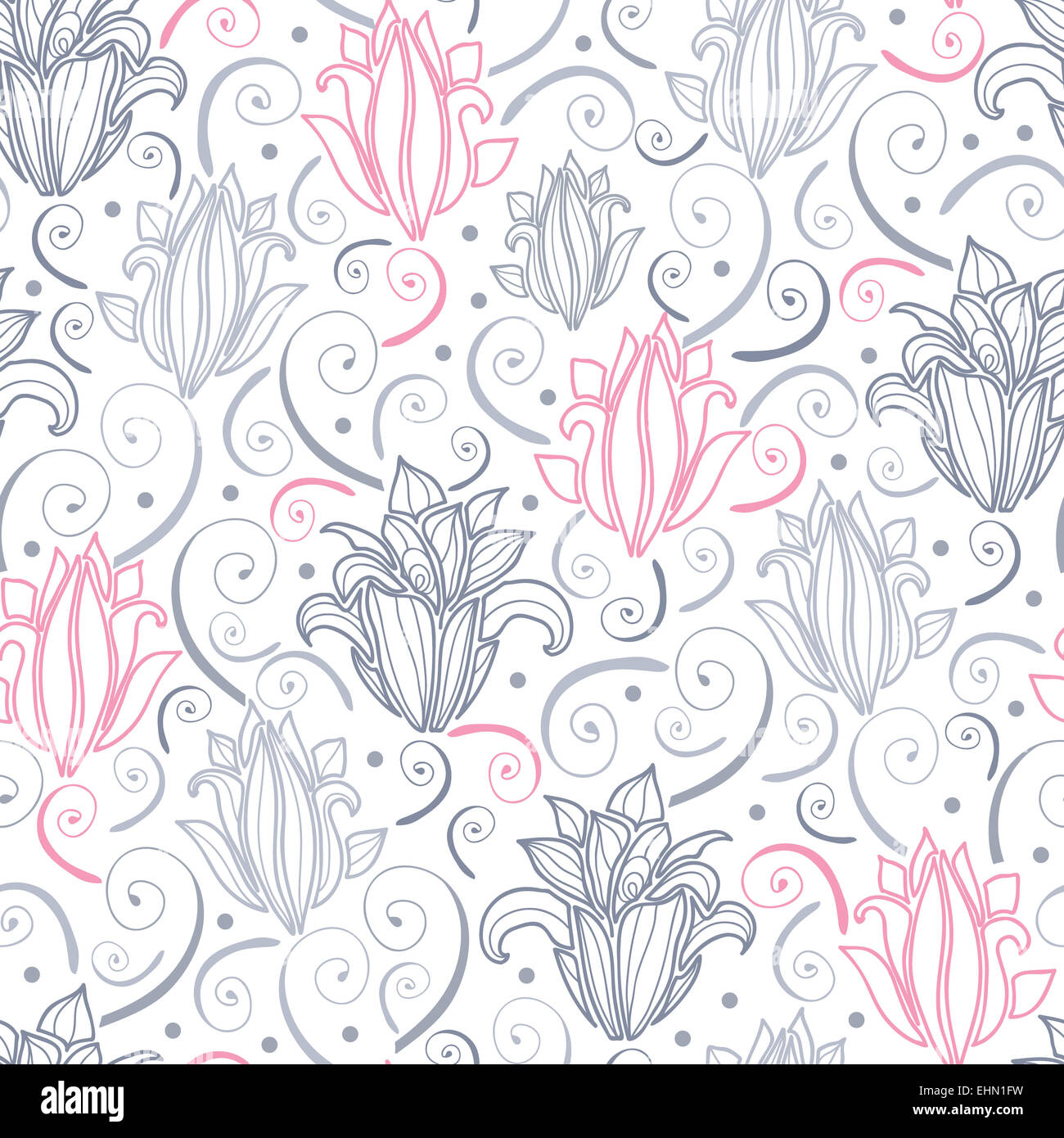 Gray and pink lily lineart seamless pattern background Stock Photo - Alamy