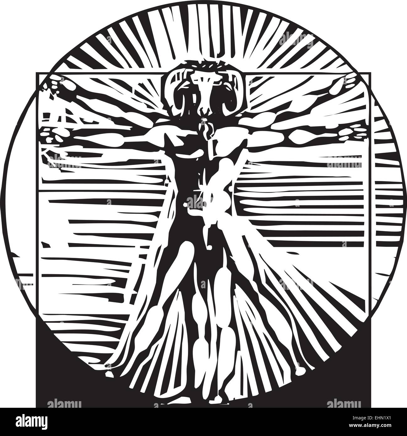 woodcut style depiction based on Leonardo Da Vinci's Proportions of Man but with a goats head. Stock Vector