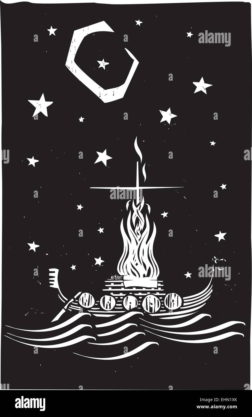 Woodcut style image of a Viking Chief being burned on a longboat at night. Stock Vector