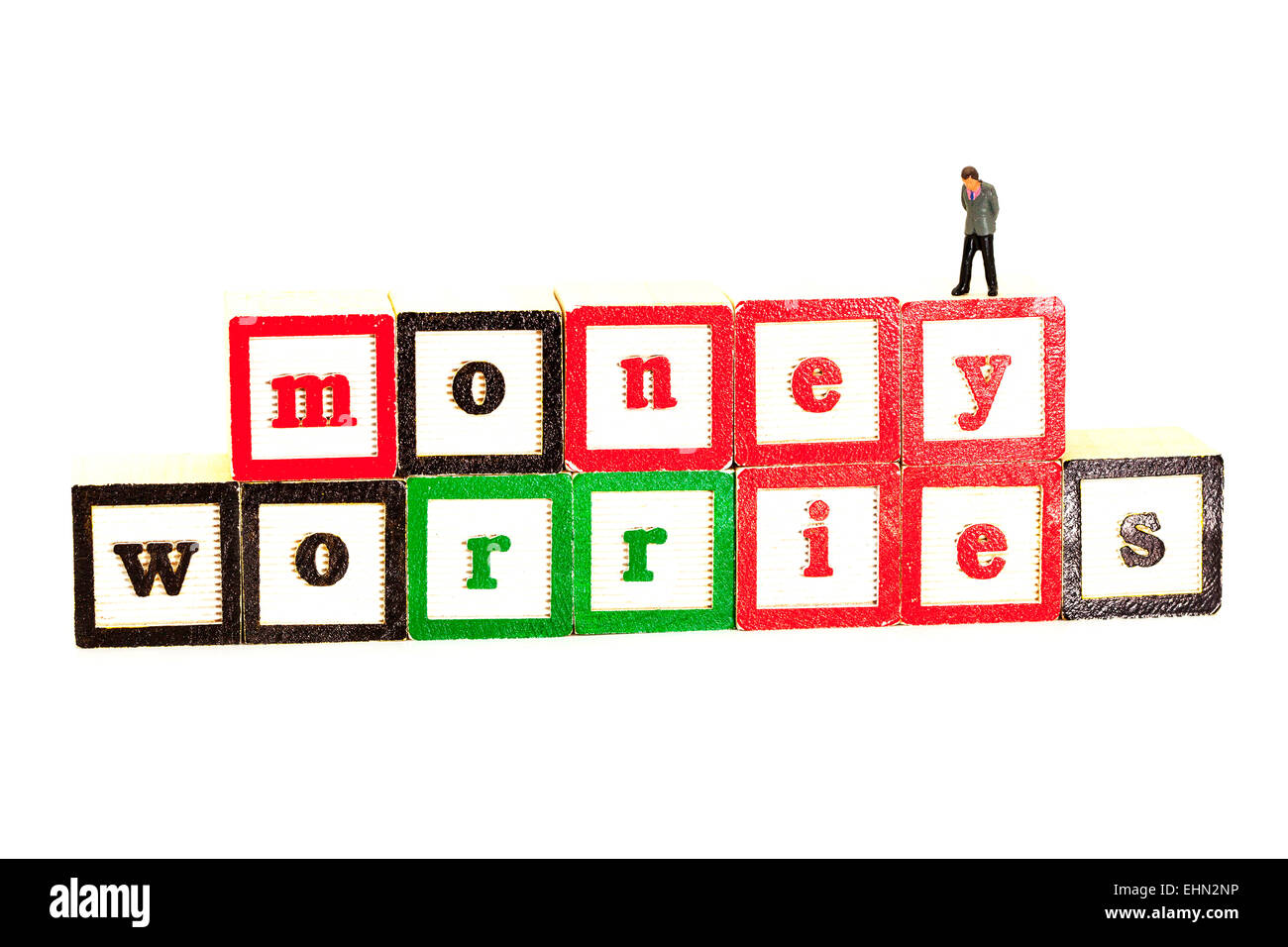 money worries worry about debt debts bankruptcy words isolated cut out cutout white background woes bankrupt loans loan Stock Photo