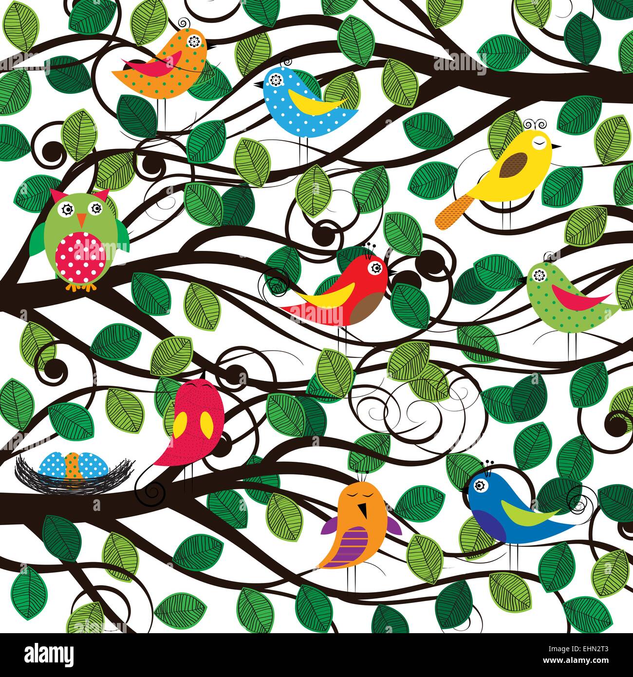 Spring tree with colorful and funny birds Stock Vector Image & Art - Alamy