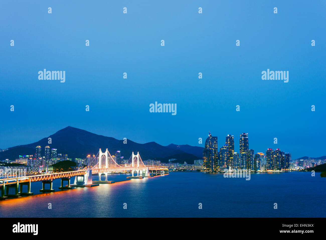 Asia, Republic of Korea, South Korea, Busan, city skyline and Gwangang bridge Stock Photo