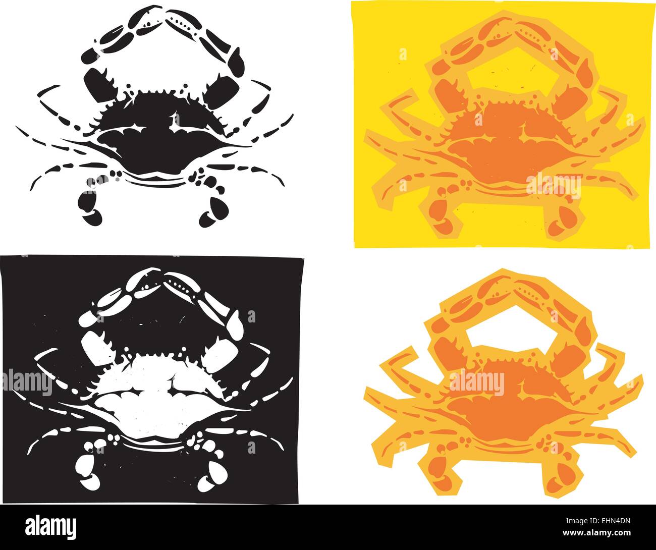 Woodcut style image of Maryland Atlantic blue crabs in different versions. Stock Vector