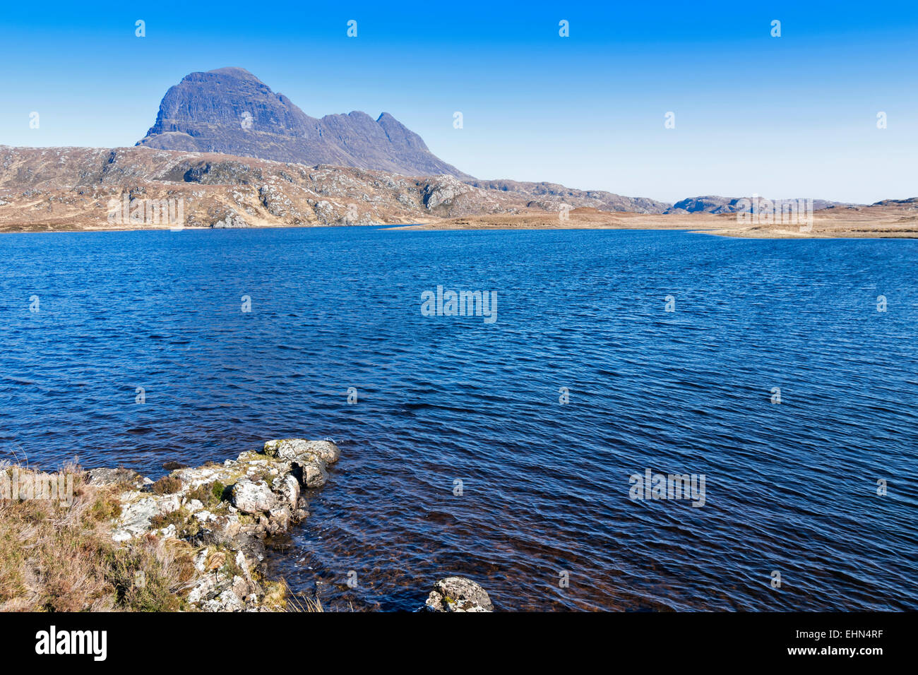 SUILVEN THE APPROACH TO THE MOUNTAIN WITH FIONN LOCH NEAR LOCHINVER ...