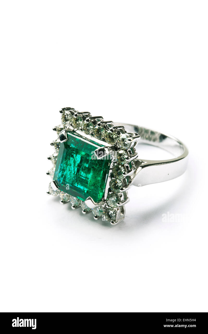 Square emerald and diamond ring. Stock Photo