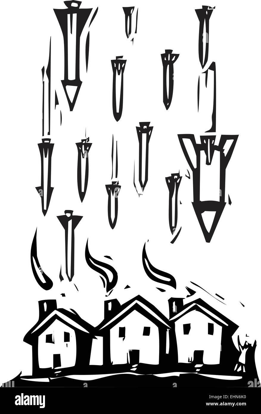 Woodcut style image of missiles falling on houses. Stock Vector