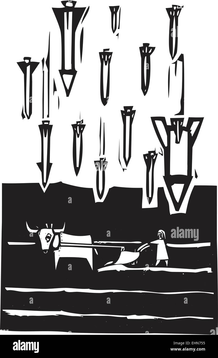 Woodcut style image of missiles falling on a farm Stock Vector