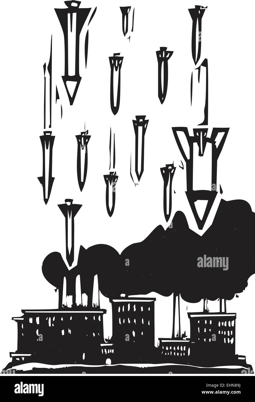 Woodcut style image of missiles falling on a factory Stock Vector