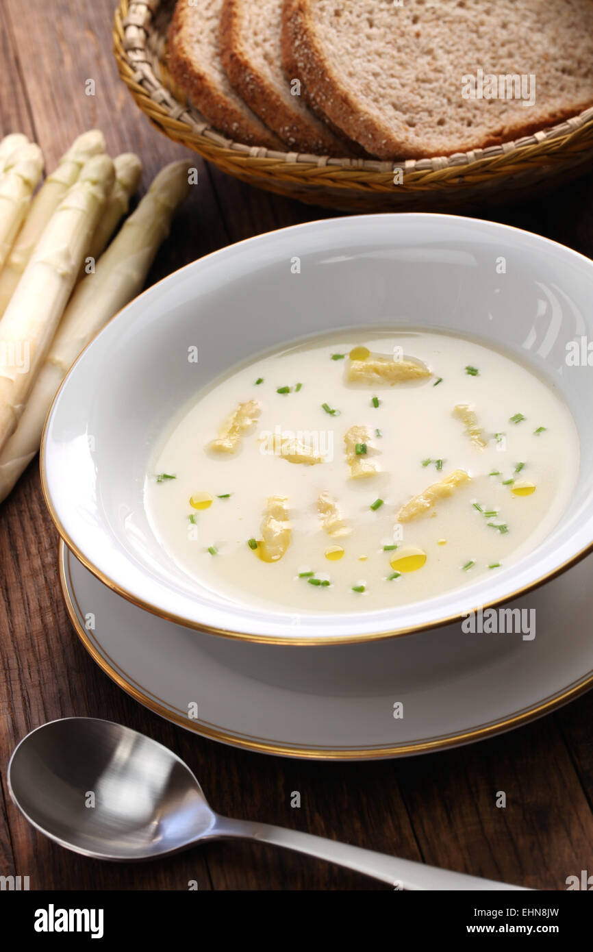 white asparagus cream soup, spargelcremesuppe, german spring cuisine Stock Photo