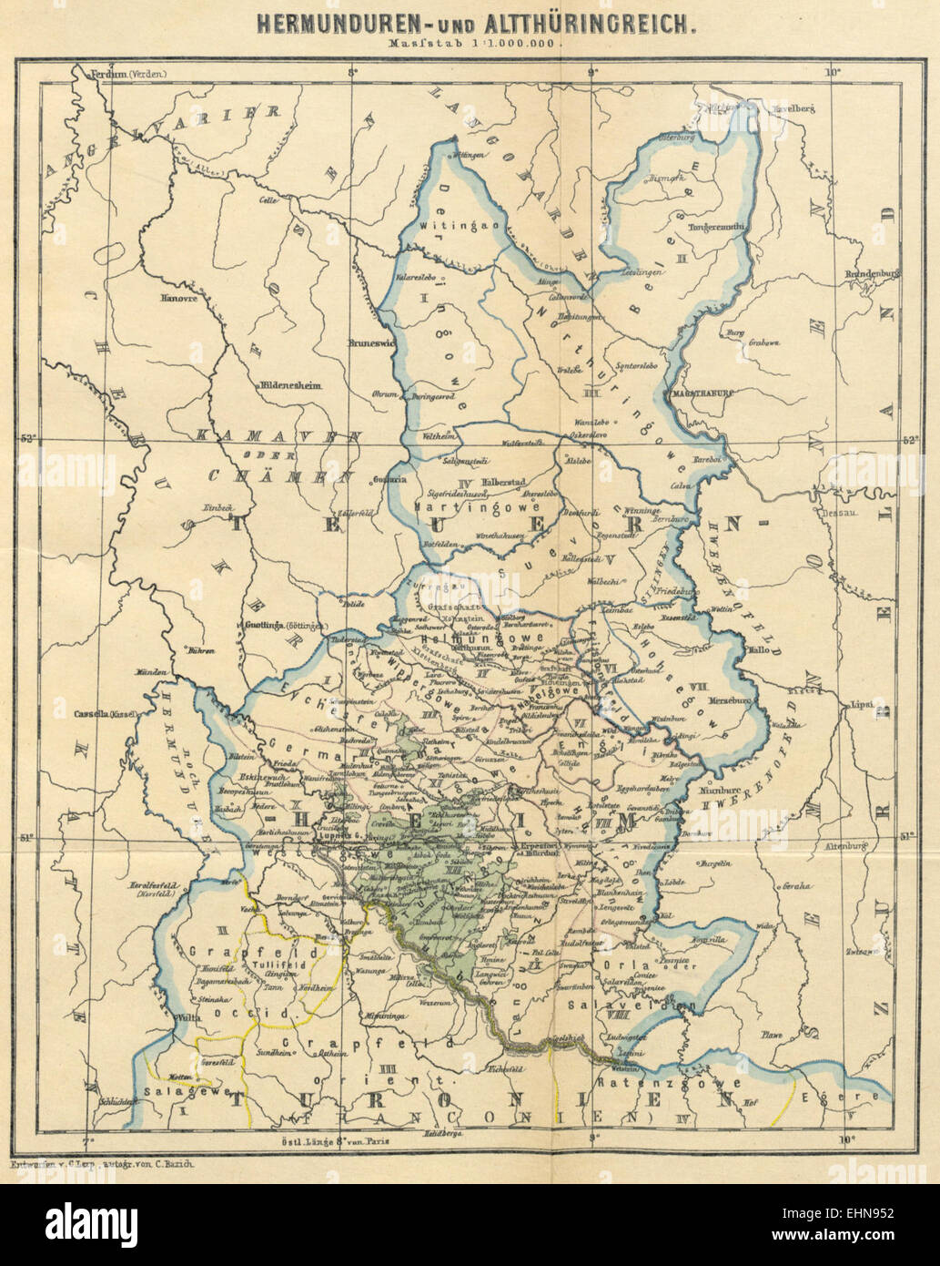 LERP(1892) Karte zur Verbreitung der Hermunduren und Alt-Thüringer Stock Photo
