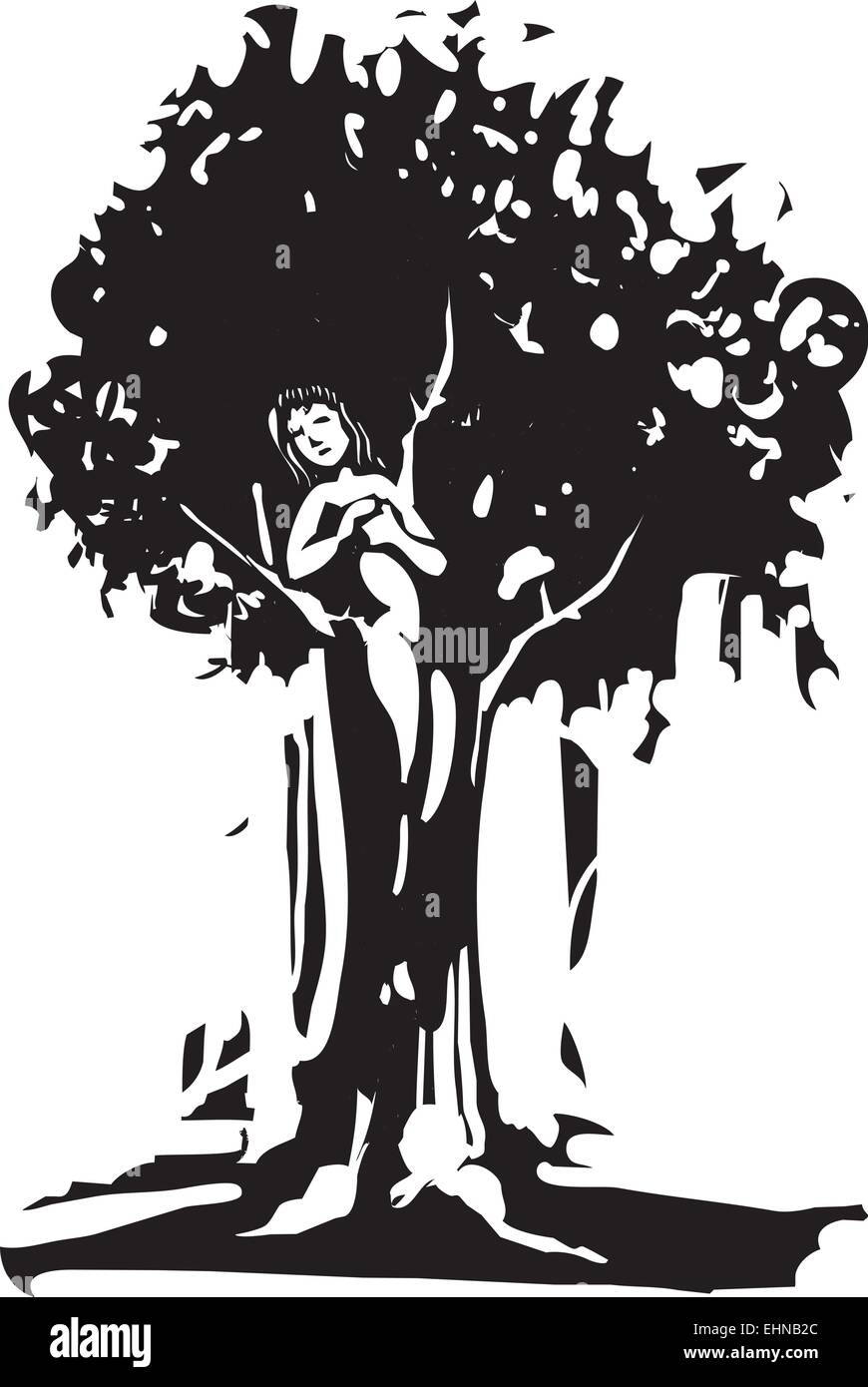 Woodcut style image of the Dryad tree spirit from Greek myth. Stock Vector