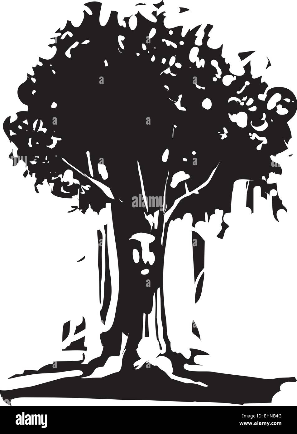 Woodcut style image of tree with a face on the trunk Stock Vector