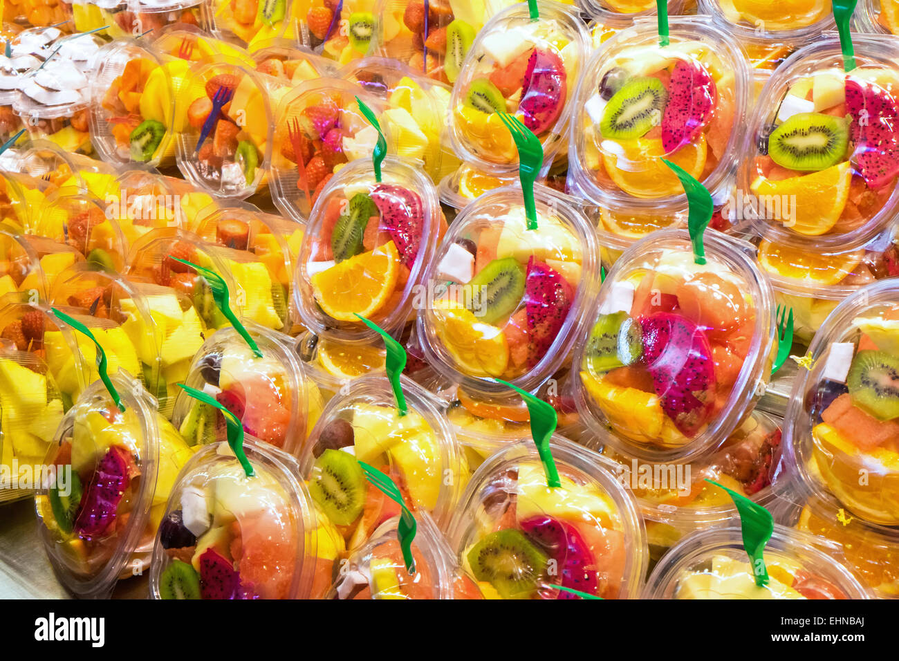 A variety of fruit salads at the Boqueria in Barcelona Stock Photo