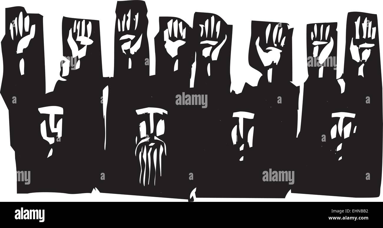 Woodcut style expressionist image of a group of people with their hands raised in surrender. Stock Vector