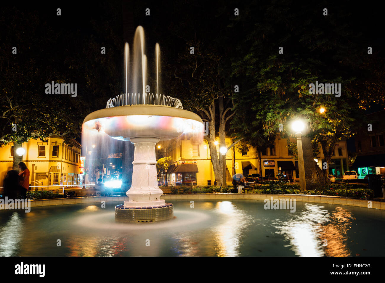 Fountain at Orange Circle at night, in Orange, California. Stock Photo