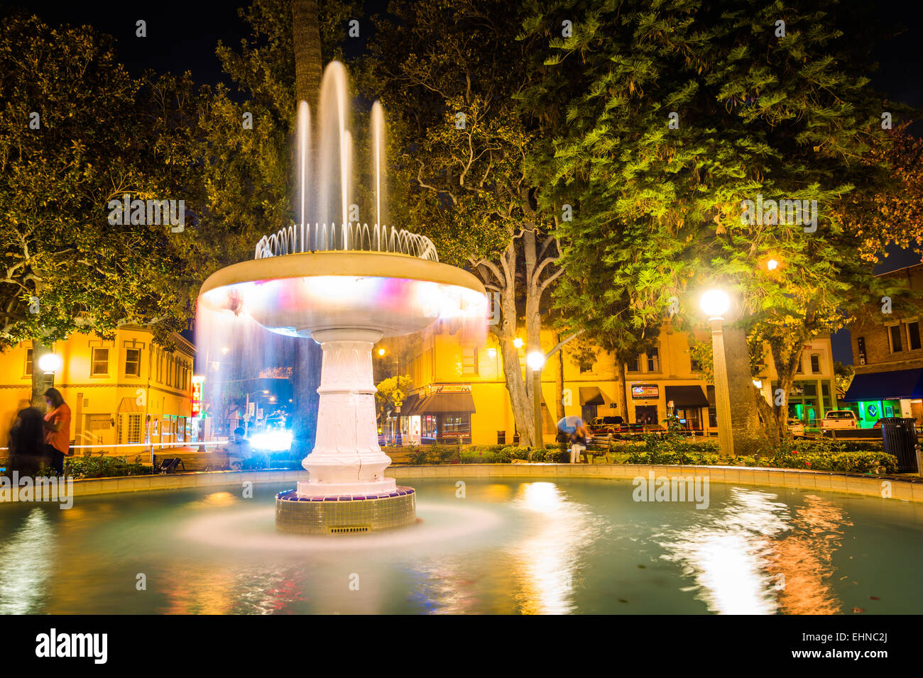 Fountain at Orange Circle at night, in Orange, California. Stock Photo