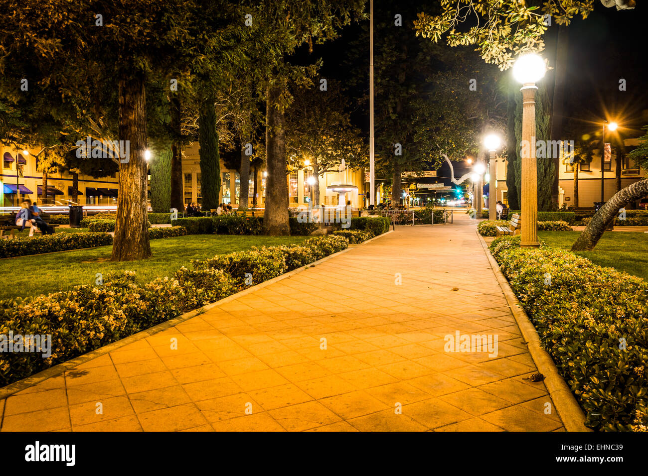 Walkway in Orange Circle at night, in Orange, California. Stock Photo