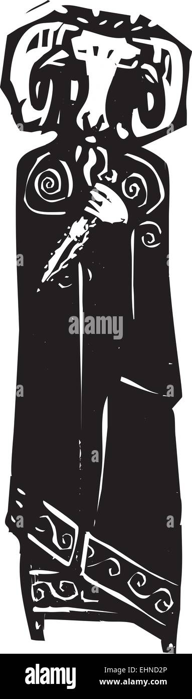 Woodcut style expressionist image of a satanic priest in ram's head mask. Stock Vector