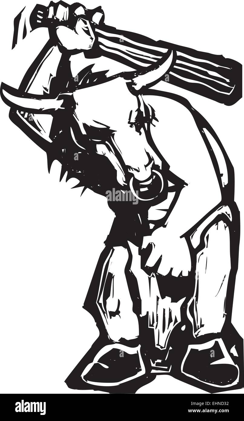 Woodcut style expressionist image of a Greek minotaur with a club Stock Vector