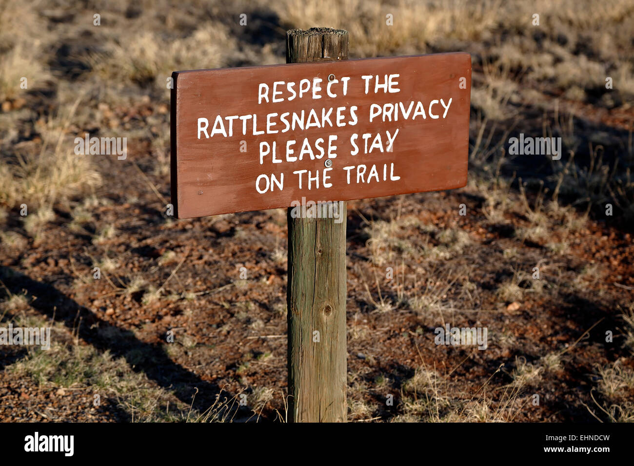 Rattlesnakes sign, Salinas Pueblo Missions National Monument, New Mexico USA Stock Photo